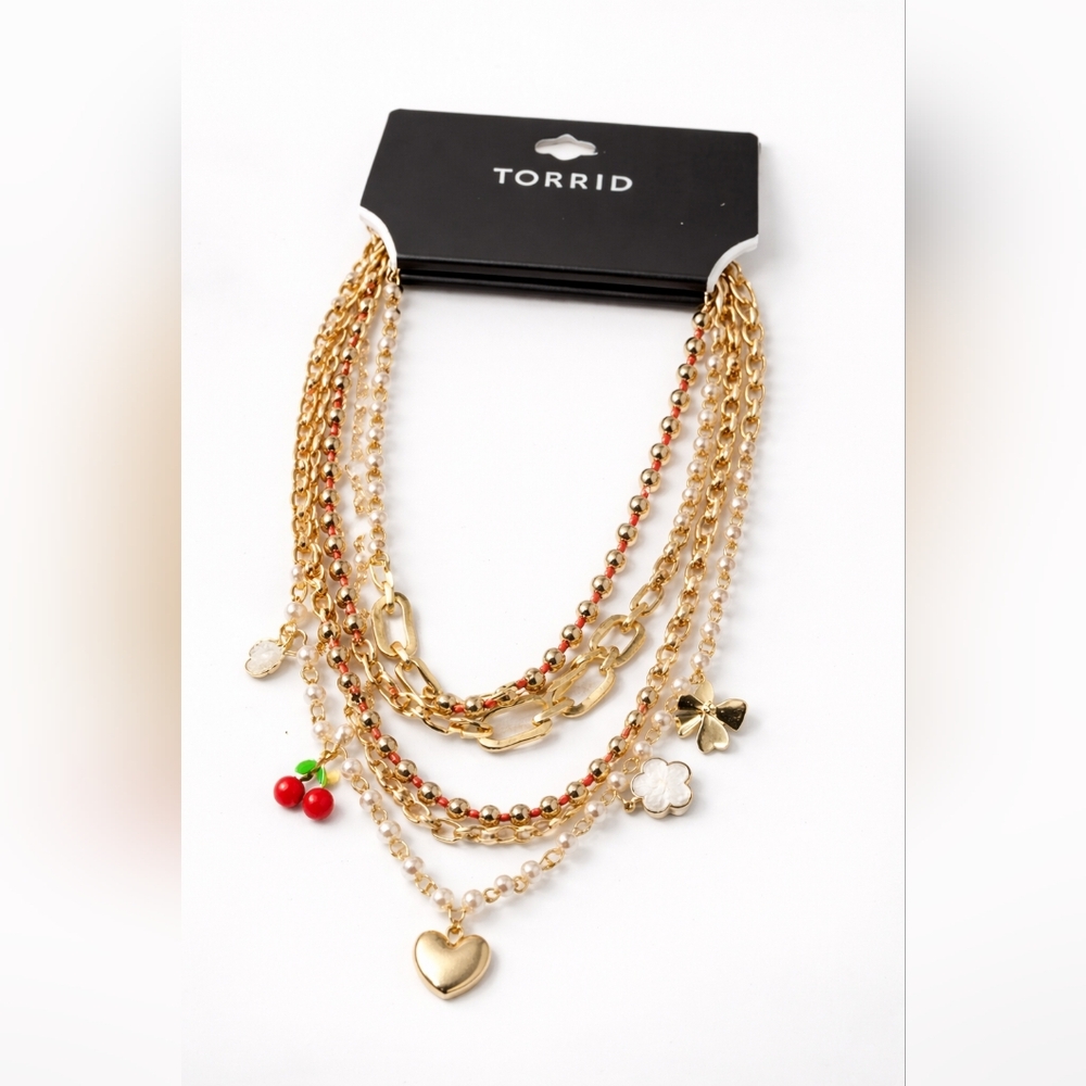 Torrid Gold & Red Trendy Multi-Layer Cherry Necklace